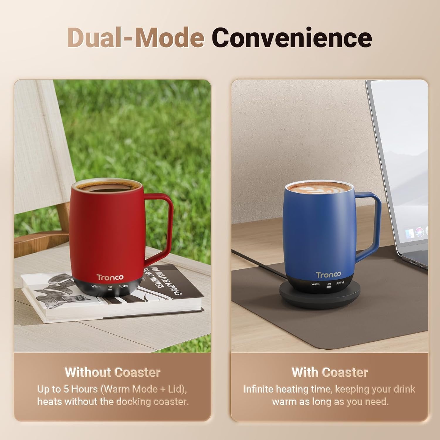 Temperature Control Heated Coffee Mug 14 Oz – Rechargeable Self-Heating Smart Mug with Lid – Manual Control, 3 Modes, 130 Min Battery Life, Auto Shut-Off (Crimson)