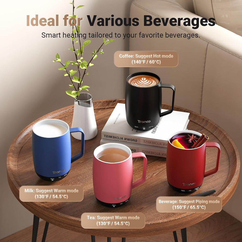 Temperature Control Heated Coffee Mug 14 Oz – Rechargeable Self-Heating Smart Mug with Lid – Manual Control, 3 Modes, 130 Min Battery Life, Auto Shut-Off (Crimson)